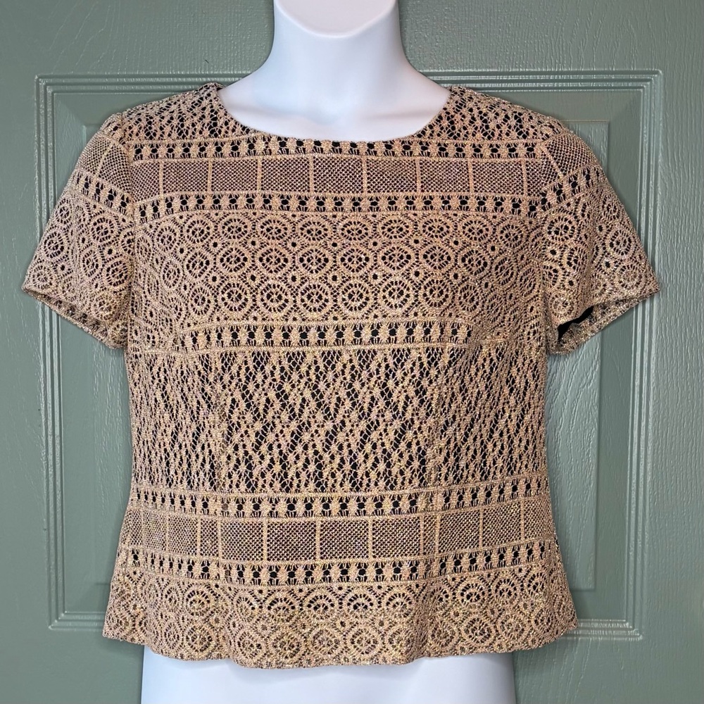 Vtg Halmode‎ Petites Top Open Crochet Metallic Gold Lace Button Back Dressy 12